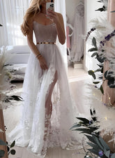 Long A-Line Sweetheart Beach Tulle Lace Wedding Dresses with Sweep Train